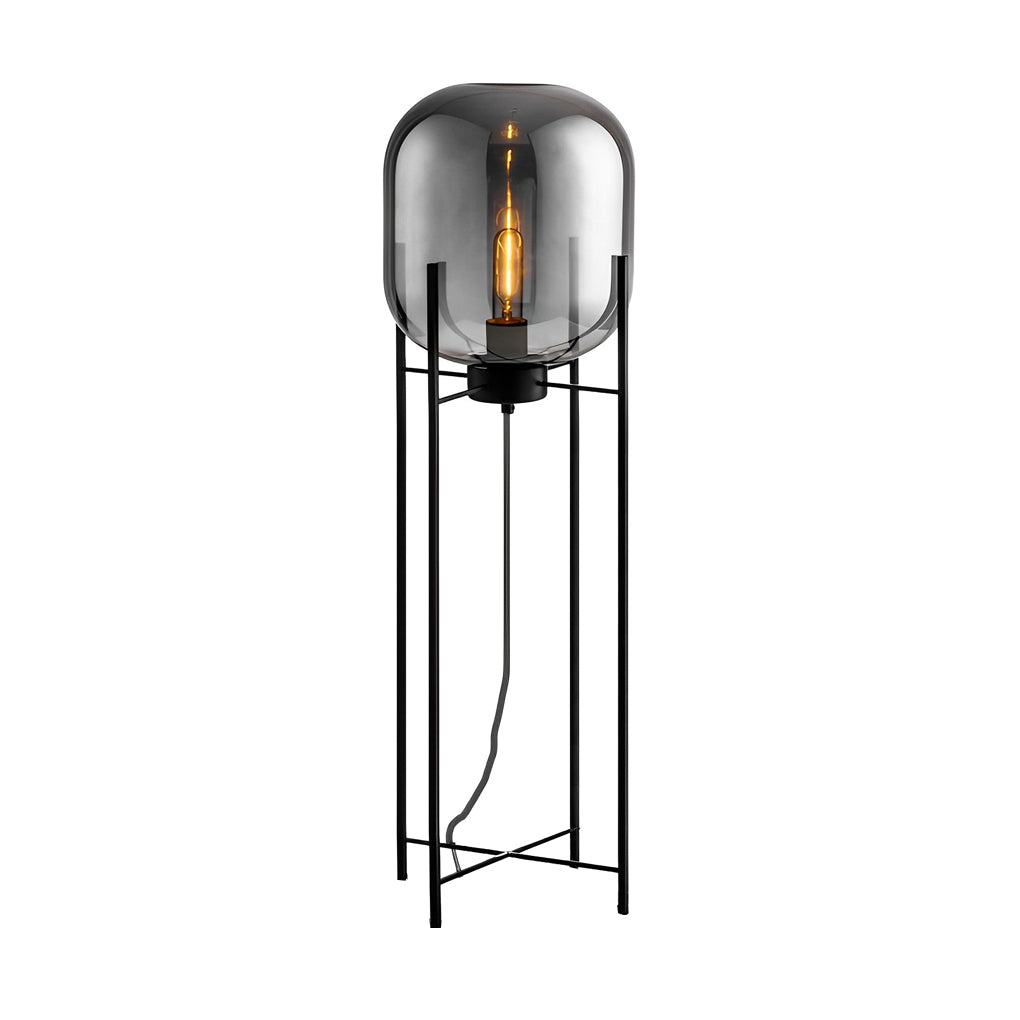 Industrial Standing Metal and Hand-blown Glass Floor Lamp