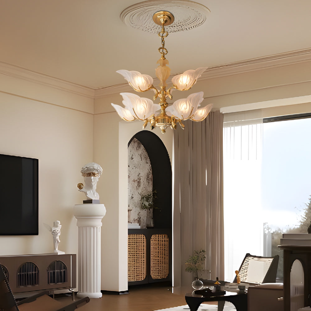 9-Light Italian Chandelier in Brass with Murano Glass Leaves