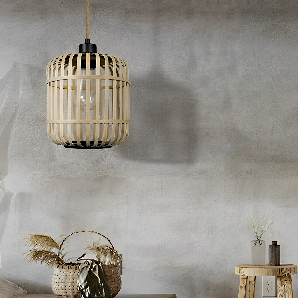 Handmade Rattan Lantern Shape Minimalist Japanese Style Pendant Lights