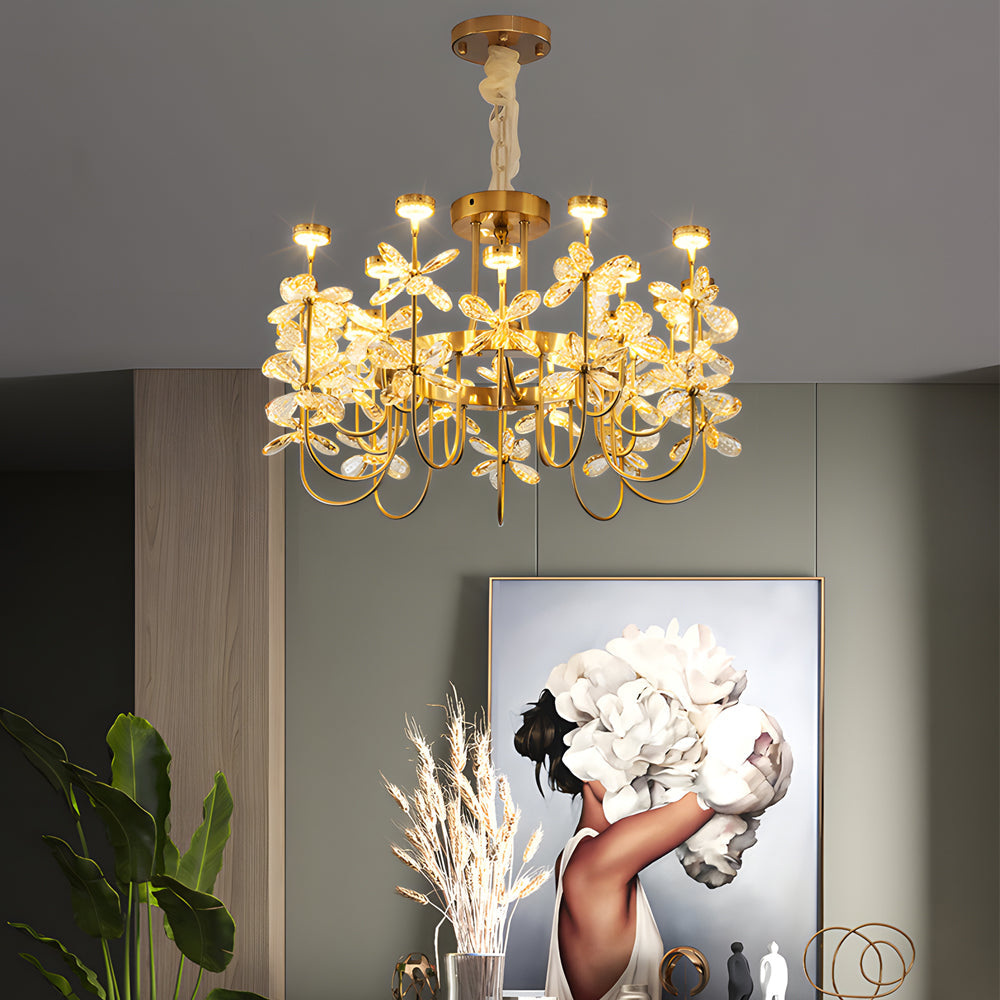 Golden Luxury 24-light Crystal Flower Chandelier for Living Room