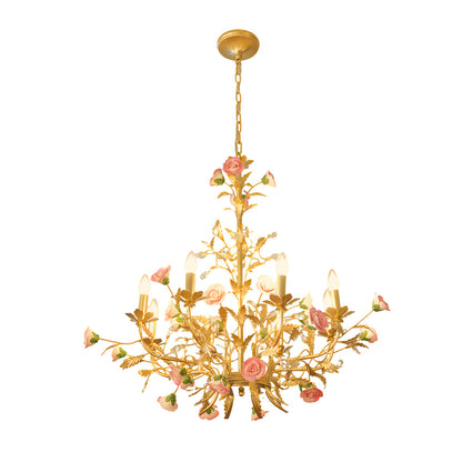 French Luxury Ceramic Pink Roses Chandeliers: 6/8-Light Candlelight Pastoral Charm