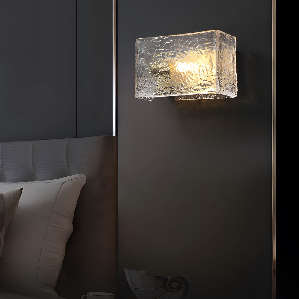 Elegant Rectangular Ripple Glass Bedside Wall Lamp - Modern Brass Fixture