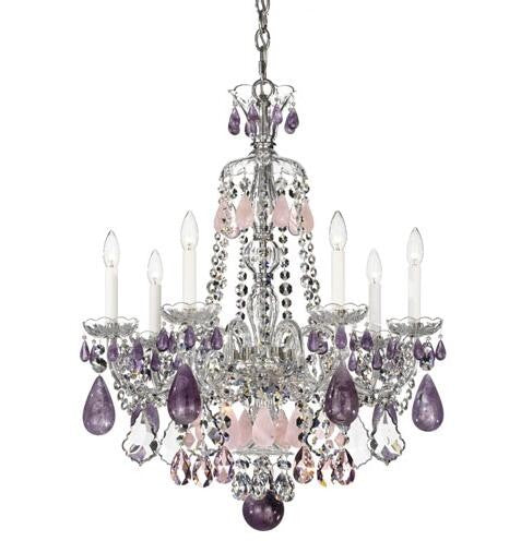 Silver Seven-Light Amethyst and Rose Rock Crystal Chandelier, 24W x 31.5H x 24D