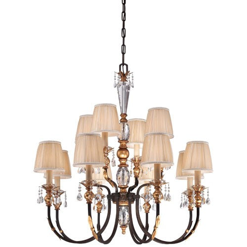 Bella Cristallo French Bronze with Gold Leaf Highlights 12-Light Chandelier