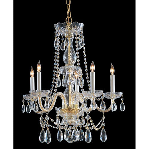 Polished Brass Five-Light Hand Cut Crystal Chandelier