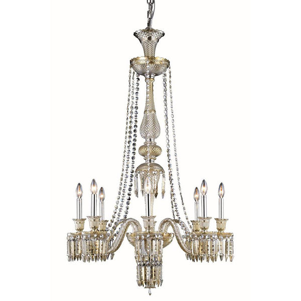 Golden Teak Eight-Light Chandelier with Elegant Cut Crystal