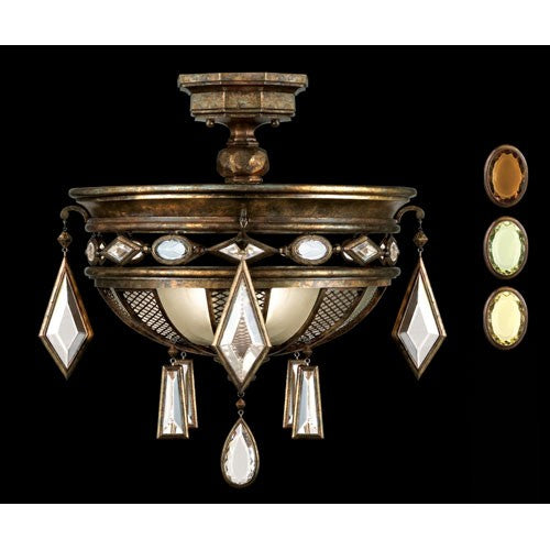 Fine Art Lamps Encased Gems Three-Light Semi-Flush Mount in Venerable Bronze Patina Finish with Colored Crystal Gems