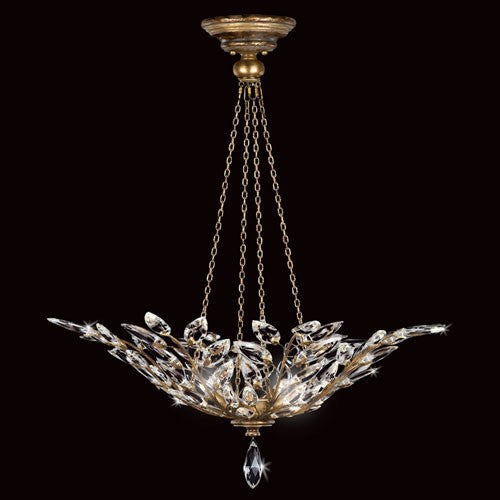 Crystal Laurel Gold Four-Light Pendant in Antiqued Warm Gold Leaf with stylized faceted crystal leaves.