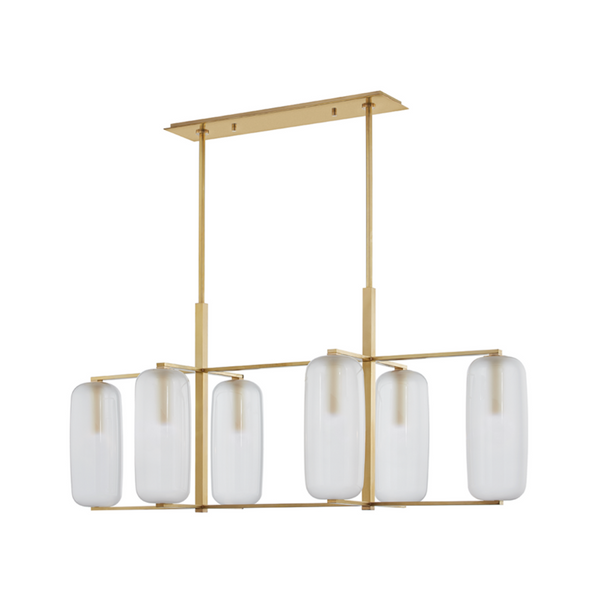 Linear Chandelier, 6-Light, Aged Brass, Clear Outside, Acid Etched Inside Shade, 53.25"W (3476-AGB A5KH6)