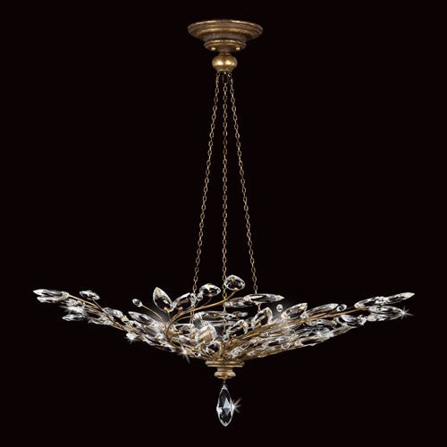 Crystal Laurel Gold Six-Light Pendant in Antiqued Warm Gold Leaf Finish with Stylized Faceted Crystal Leaves.