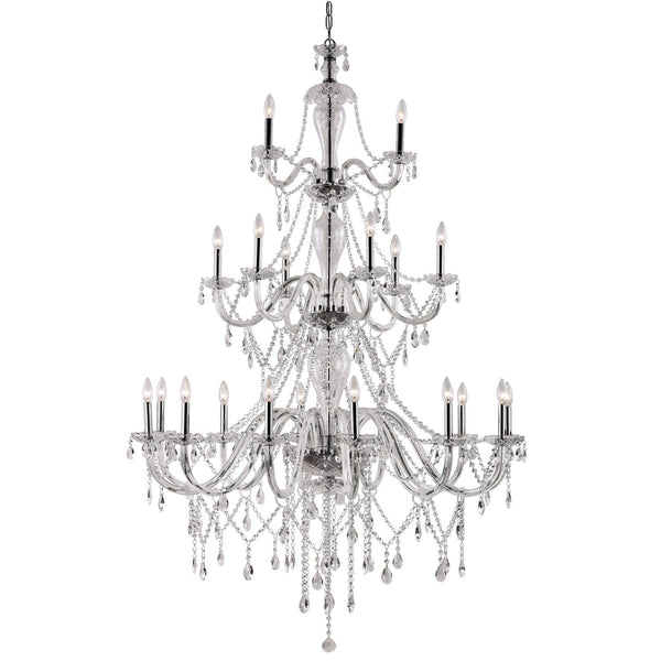 Polished Chrome Crystal Fountain 3 Tier 21 Light Chandelier with Clear Glass and Prisim Cut Clear Crystal Strands