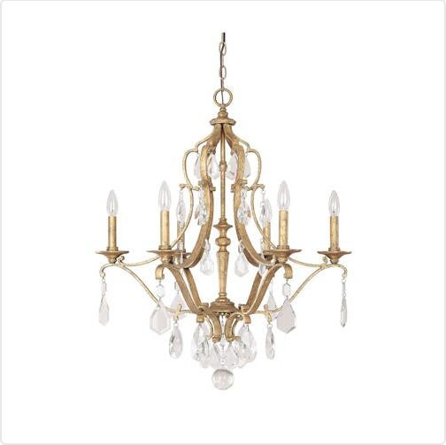 Antique Gold Six Light Chandelier with Crystals