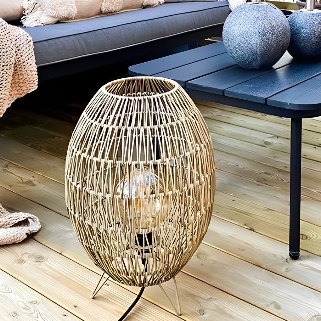 Spaceship Lighting Handmade Rattan Oval Cage Waterproof Outdoor Floor Lamp