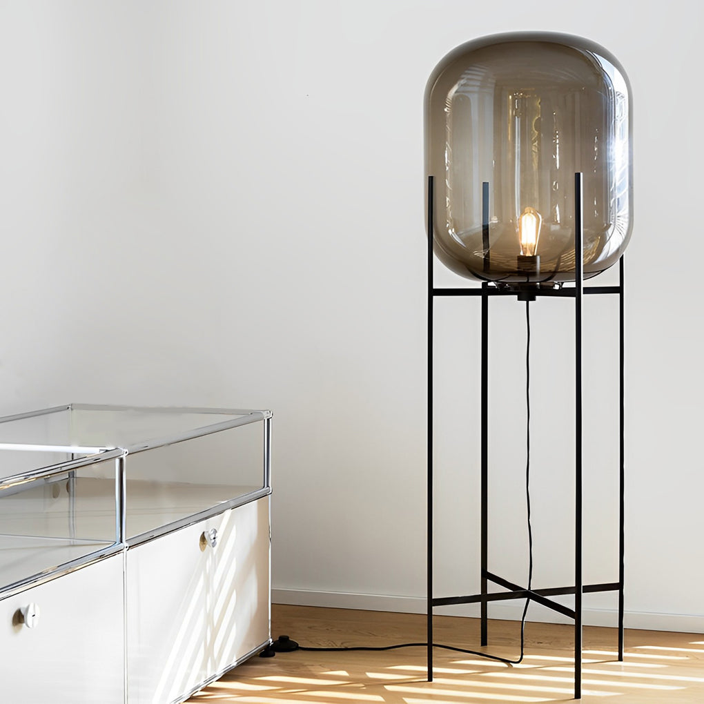 Industrial Standing Metal and Hand-blown Glass Floor Lamp