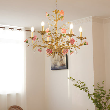 French Luxury Ceramic Pink Roses Chandeliers: 6/8-Light Candlelight Pastoral Charm