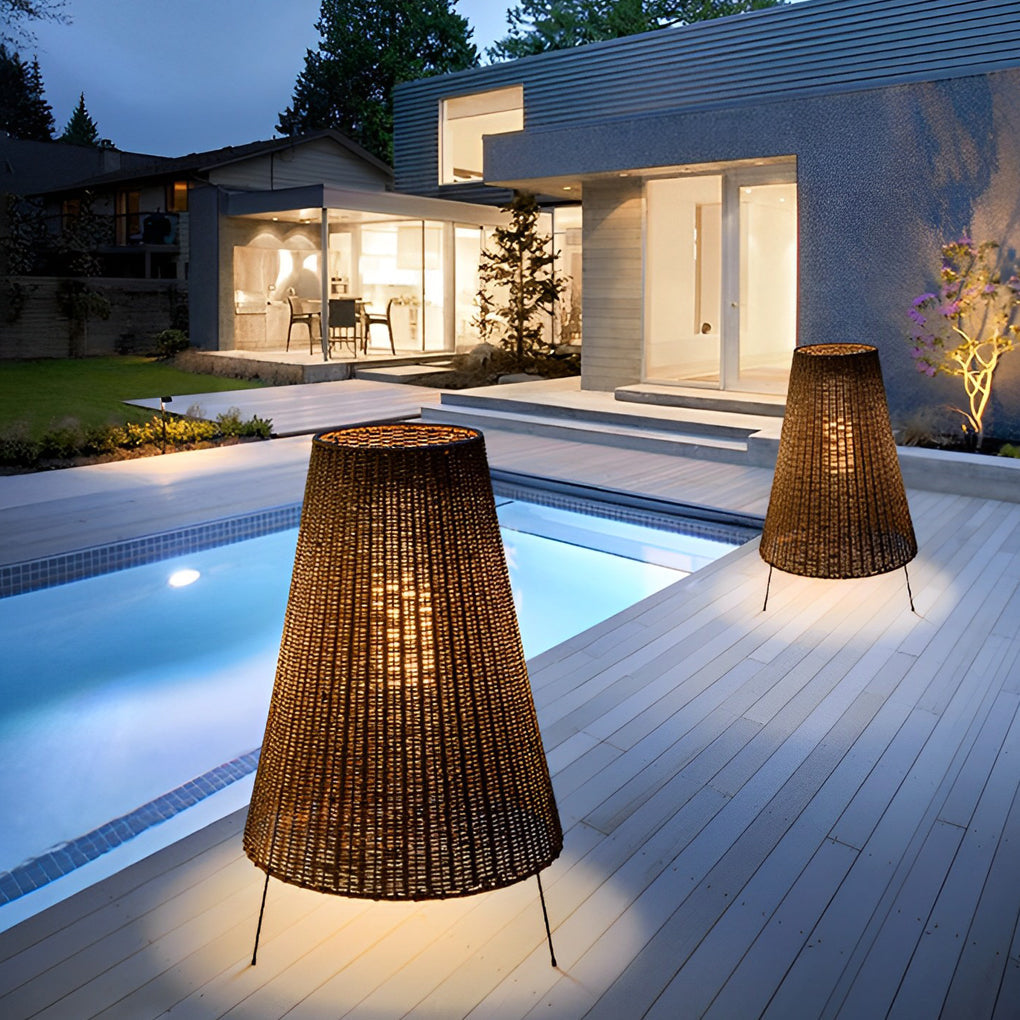 Rattan Shaded Tripod Metal and 1-Light Outdoor Floor Lamp