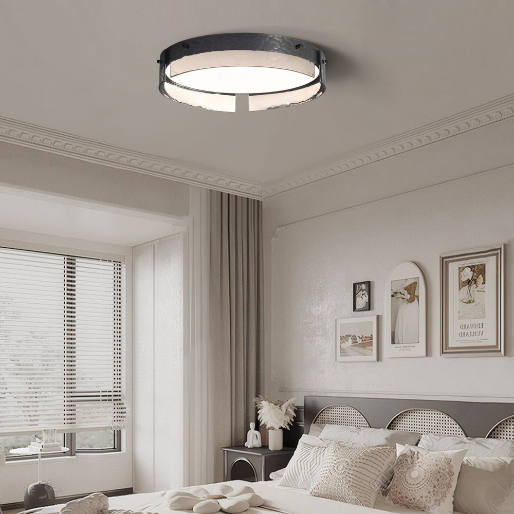 Round Black Hammered Glass LED Flush Mount Ceiling Light