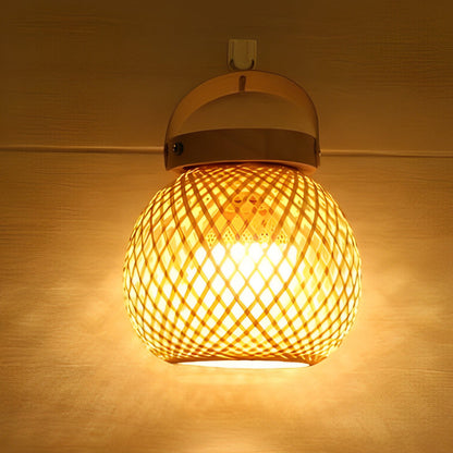 Rustic Portable Woven Bamboo Lantern Table Lamp with Handle