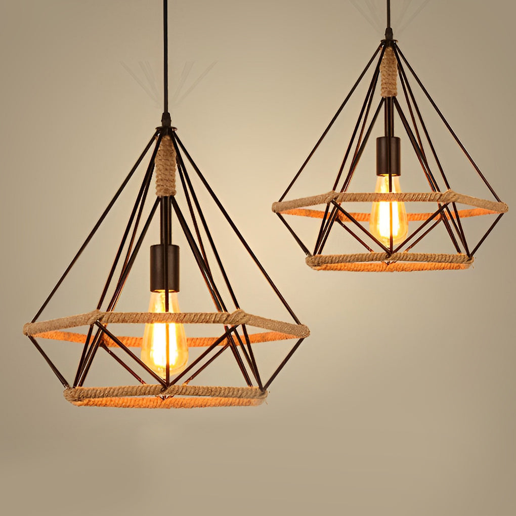 Geometric Creative Iron Rope Lantern Shape Black Rustic Chandelier Pendant Lights