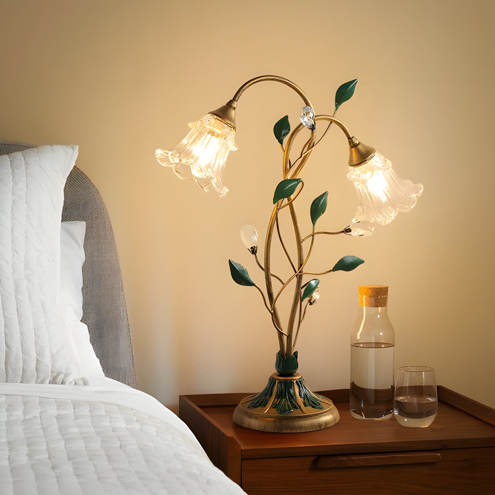 Dimmable Glass Floral Desk Lamp with Dual Lights and Leaf Accents for Ambiance