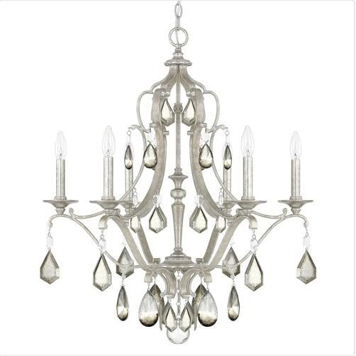 Antique Silver Six-Light Chandelier with Clear and Antique Crystals