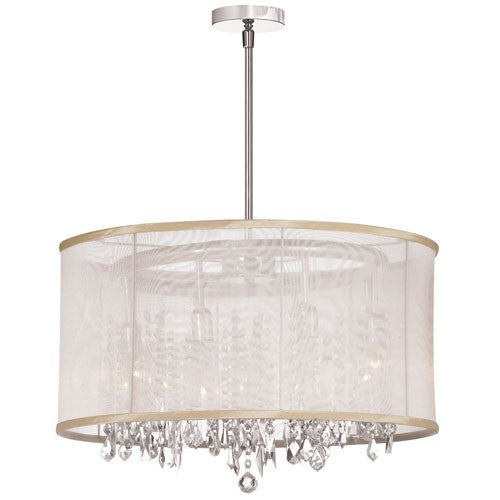 Polished Chrome Eight Light Crystal Pendant with Oyster Organza Drum Shade