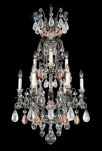 Pewter 10-Light Pink and Black Diamond Rock Crystal Chandelier, 21W x 40H x 21D