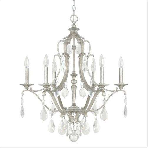 Antique Silver Six-Light Chandelier with Clear Crystals