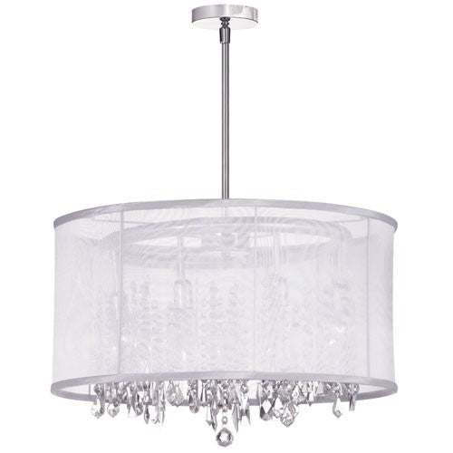 Polished Chrome Eight Light Crystal Pendant with White Organza Drum Shade