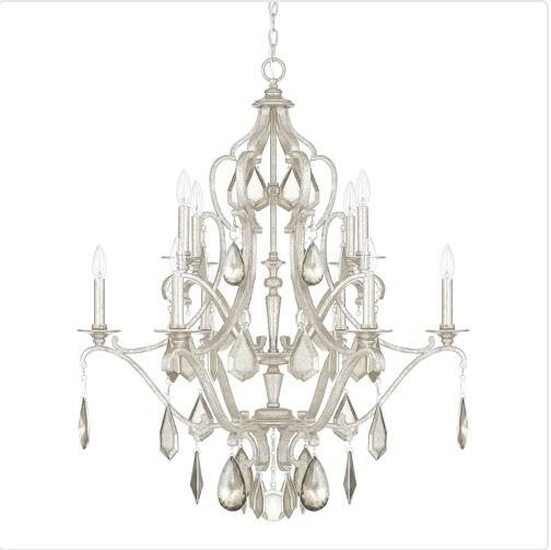 Antique Silver Ten-Light Chandelier with Clear and Antique Crystals