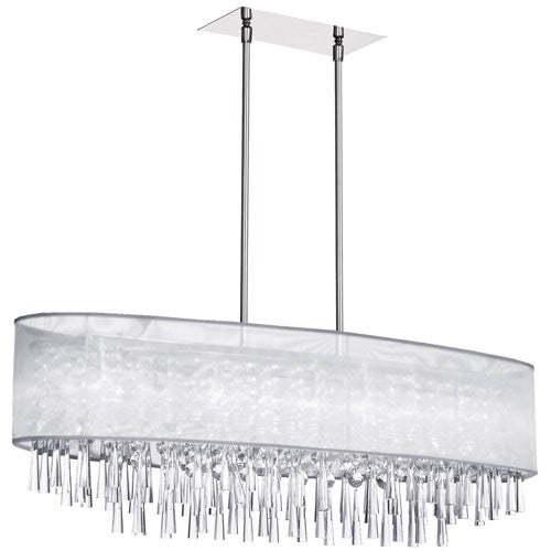 Polished Chrome Eight Light Oval Crystal Pendant with White Laminated Organza Shade