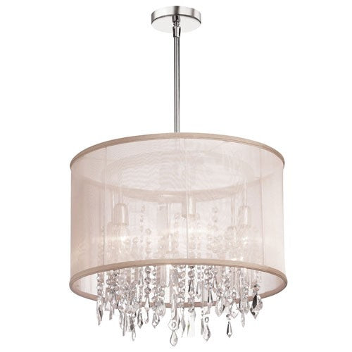 Polished Chrome Six Light Crystal Pendant with Oyster Organza Drum Shade