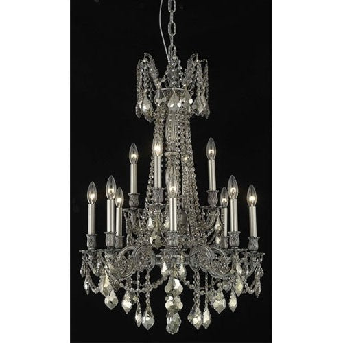 Pewter Twelve-Light Chandelier with Golden Teak/Smoky Royal Cut Crystals