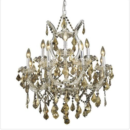 Chrome Thirteen-Light 27-Inch Chandelier with Royal Cut Golden Teak Smoky Crystal