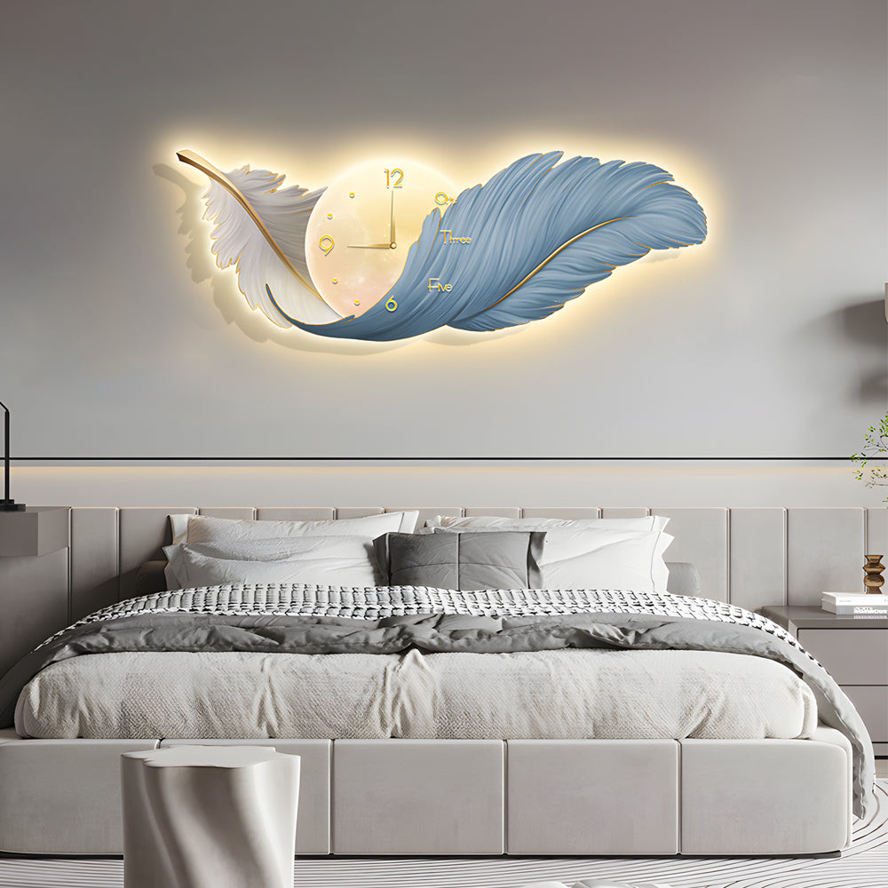 2-In-1 Wall Feather Painting Hanging Decor LED Wall Lamp Wall Clock