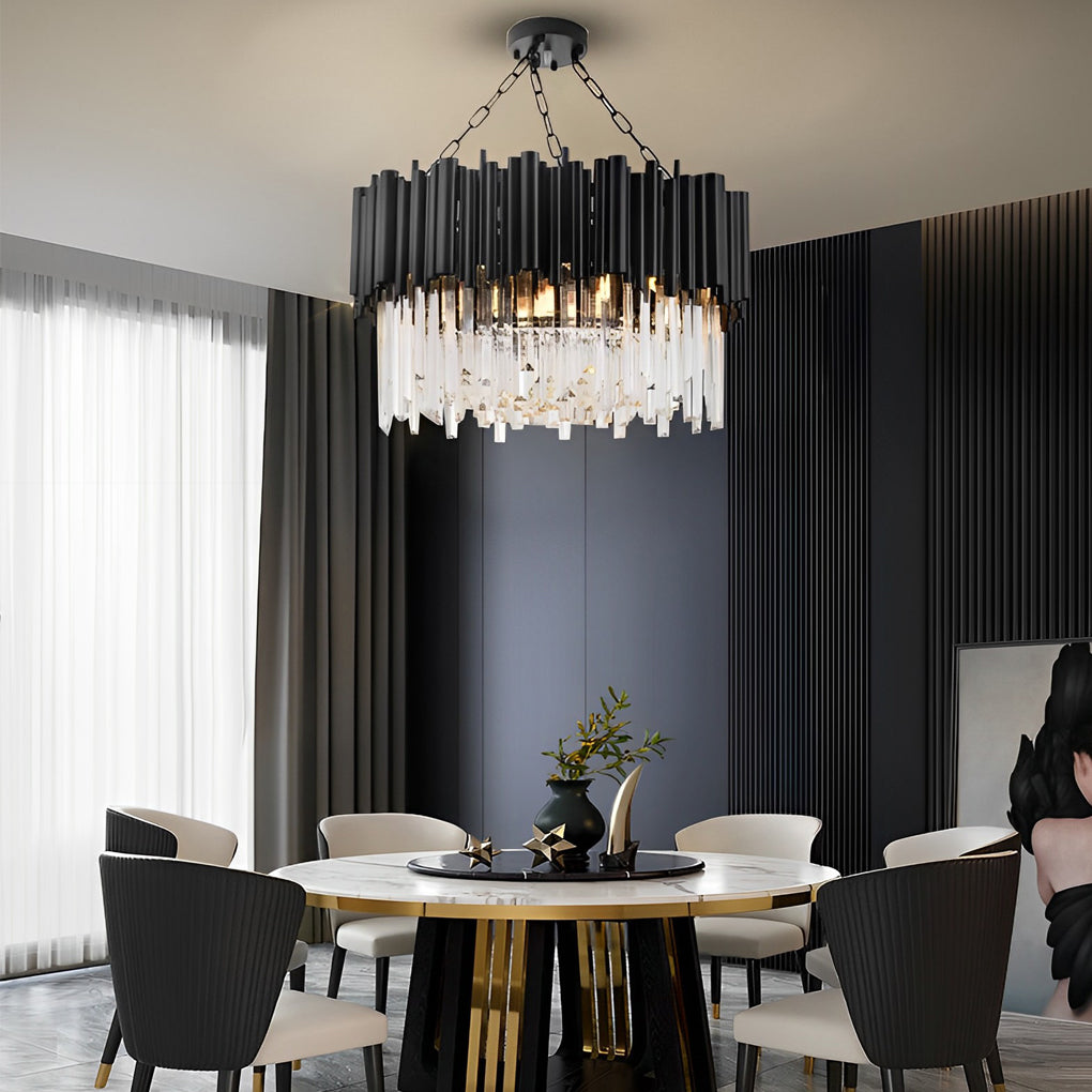 Circular Clear Crystal Metal Black Modern Chandelier Pendant Lamp