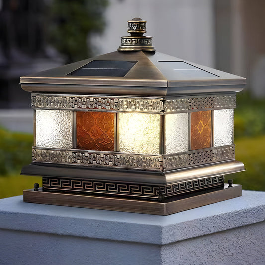 European Square Hardwired/Solar Copper Outdoor Column Light with Glass Shade - Bronze