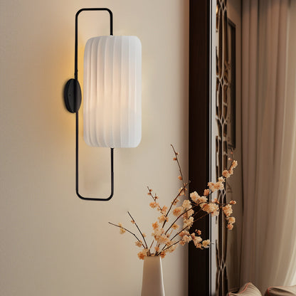 Japanese Style LED Wall Lantern Sconce with Striped Fabric Shade