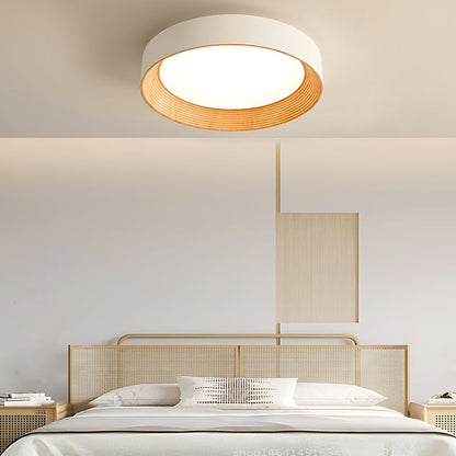 Round Iron Three Step Dimming Modern Wood Texture LED Ceiling Lights Fixture