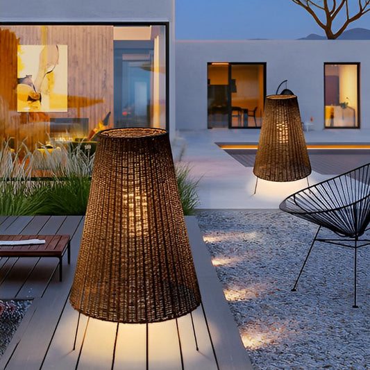 Rattan Shaded Tripod Metal and 1-Light Outdoor Floor Lamp