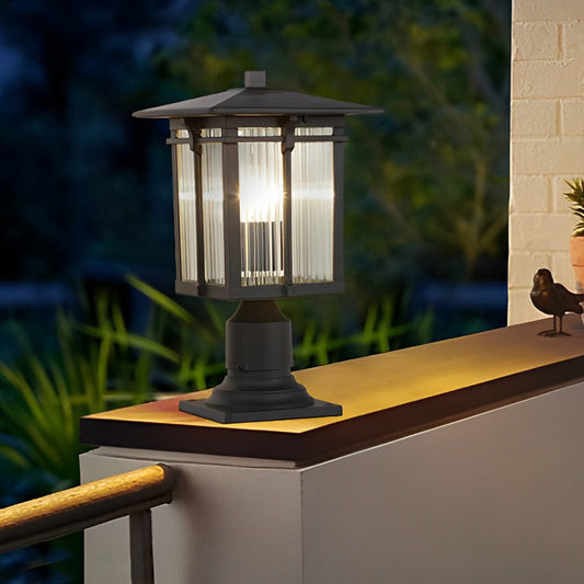 Striped Glass Shade LED Waterproof Black Modern Outdoor Post Lights