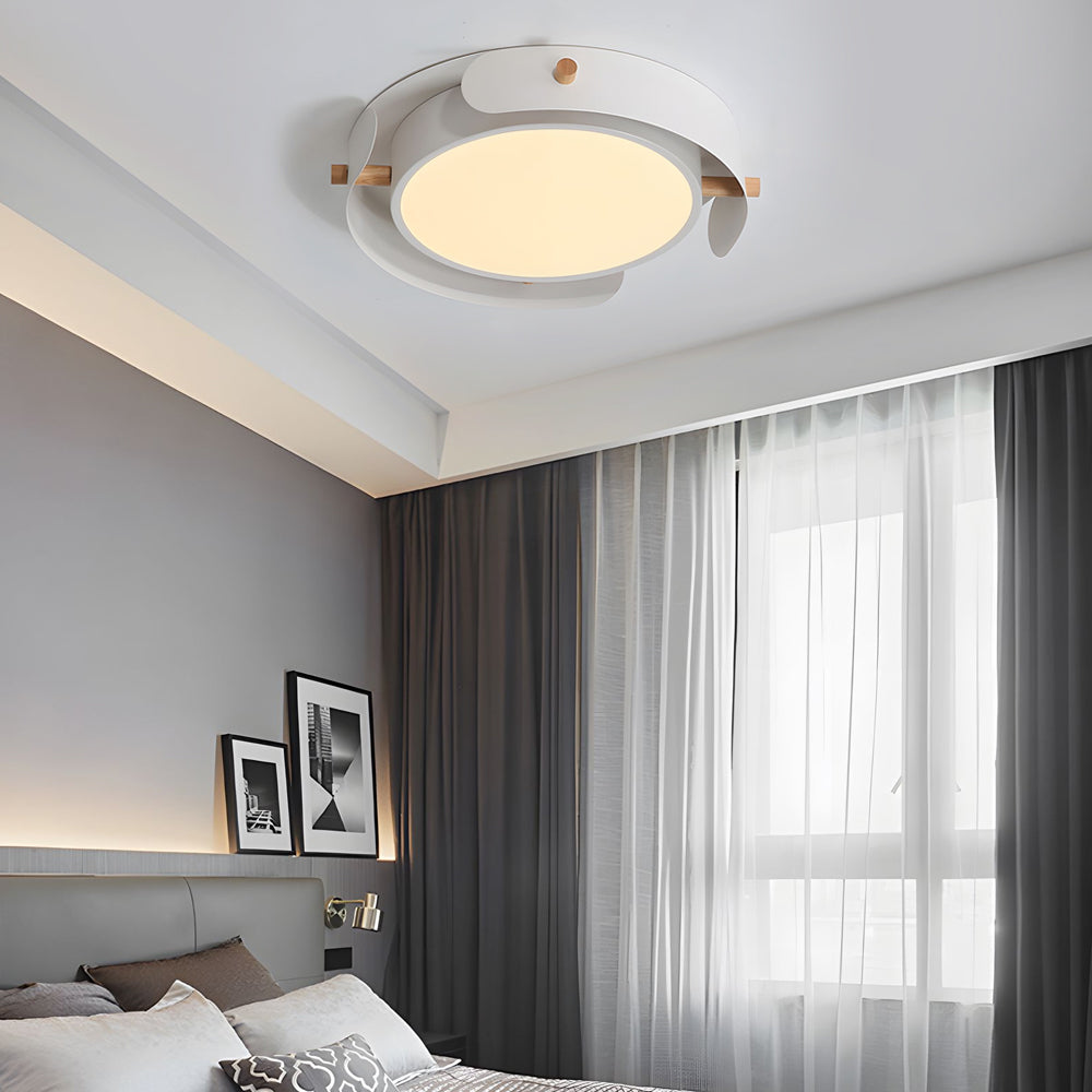 Round Nordic White Metallic Wood Drum Flush Mount Ceiling Light