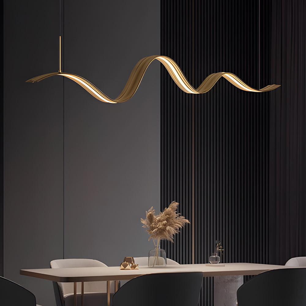 1-Light Linear LED Brass Elegant Flow Wave Pendant Light for Kitchen Island