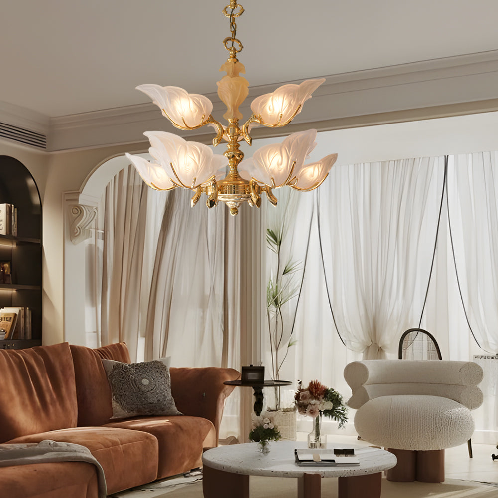 9-Light Italian Chandelier in Brass with Murano Glass Leaves