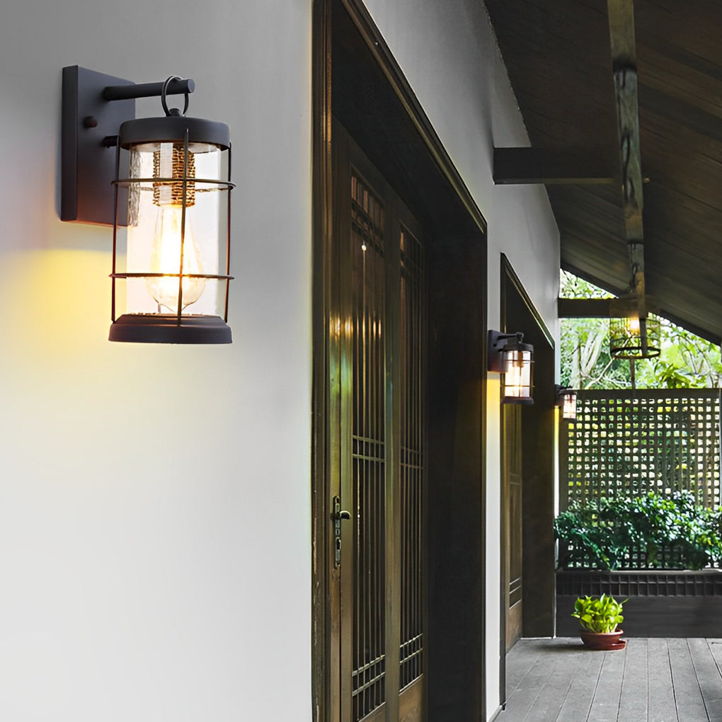 Waterproof Iron Glass Lantern Black Retro Rustic Exterior Wall Lights