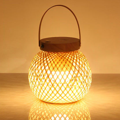 Rustic Portable Woven Bamboo Lantern Table Lamp with Handle