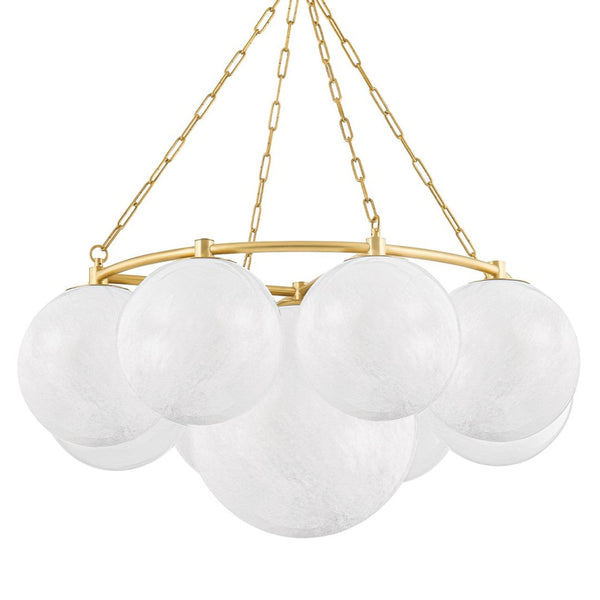 Chandelier, 9-Light, Aged Brass, Cloud Glass Etched Iniside Shade, 43.25"W (5243-AGB ACJWT)