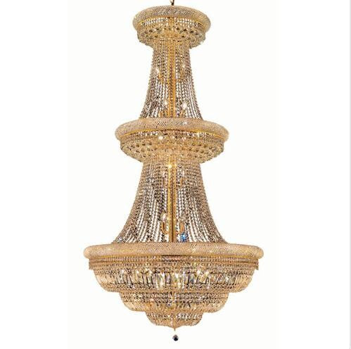 Gold Thirty-Eight Light 42-Inch Three-Tier Chandelier with Royal Cut Clear Crystal and Crystal Drop