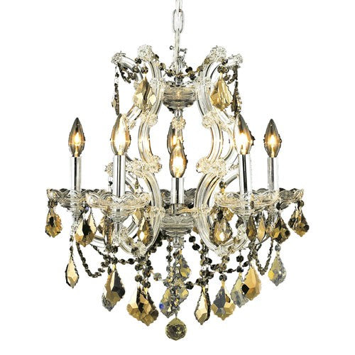 Chrome Six-Light 20-Inch Chandelier with Royal Cut Golden Teak Smoky Crystal