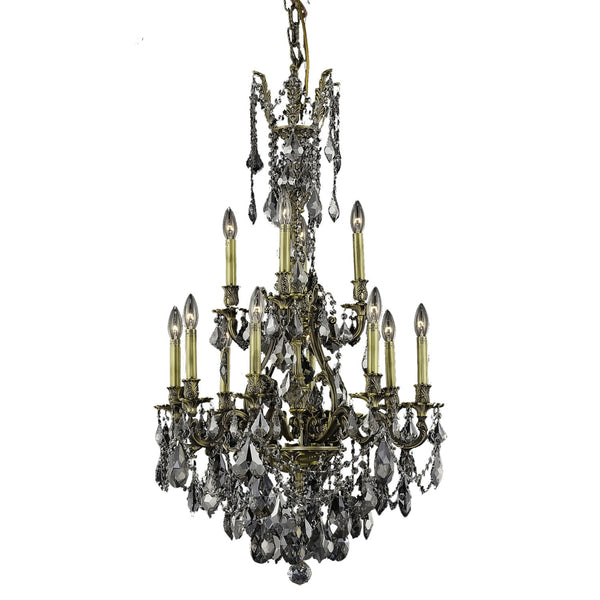 Antique Bronze Twelve-Light Chandelier with Silver Shade/Grey Royal Cut Crystals